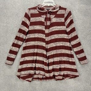 T/O Sweaters Cardigan Womens Size M red wine Stripe Long Sleeve Hooded Stretch